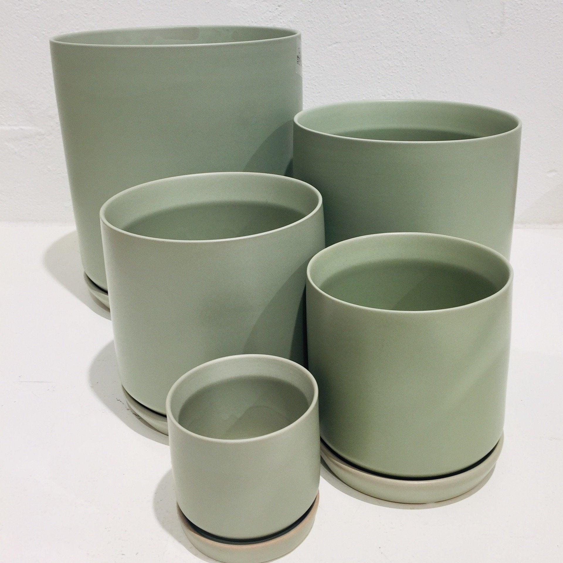 sage green plant pots Cylinder Planter w/ saucer