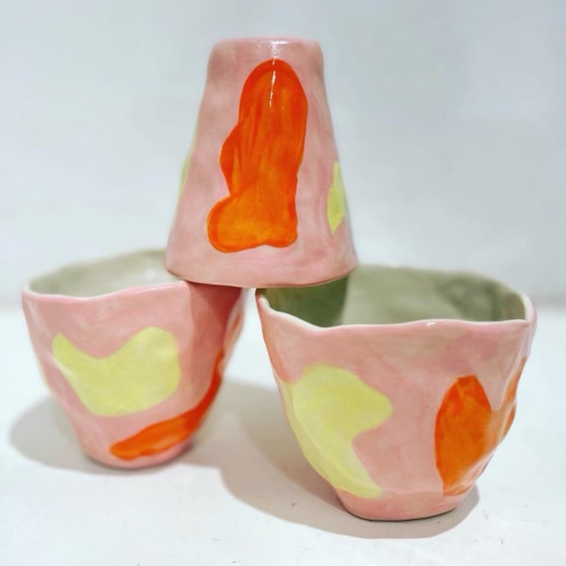 Indelible Designs - Handmade Ceramic Cup - Pink, Orange & Buttercup Yellow